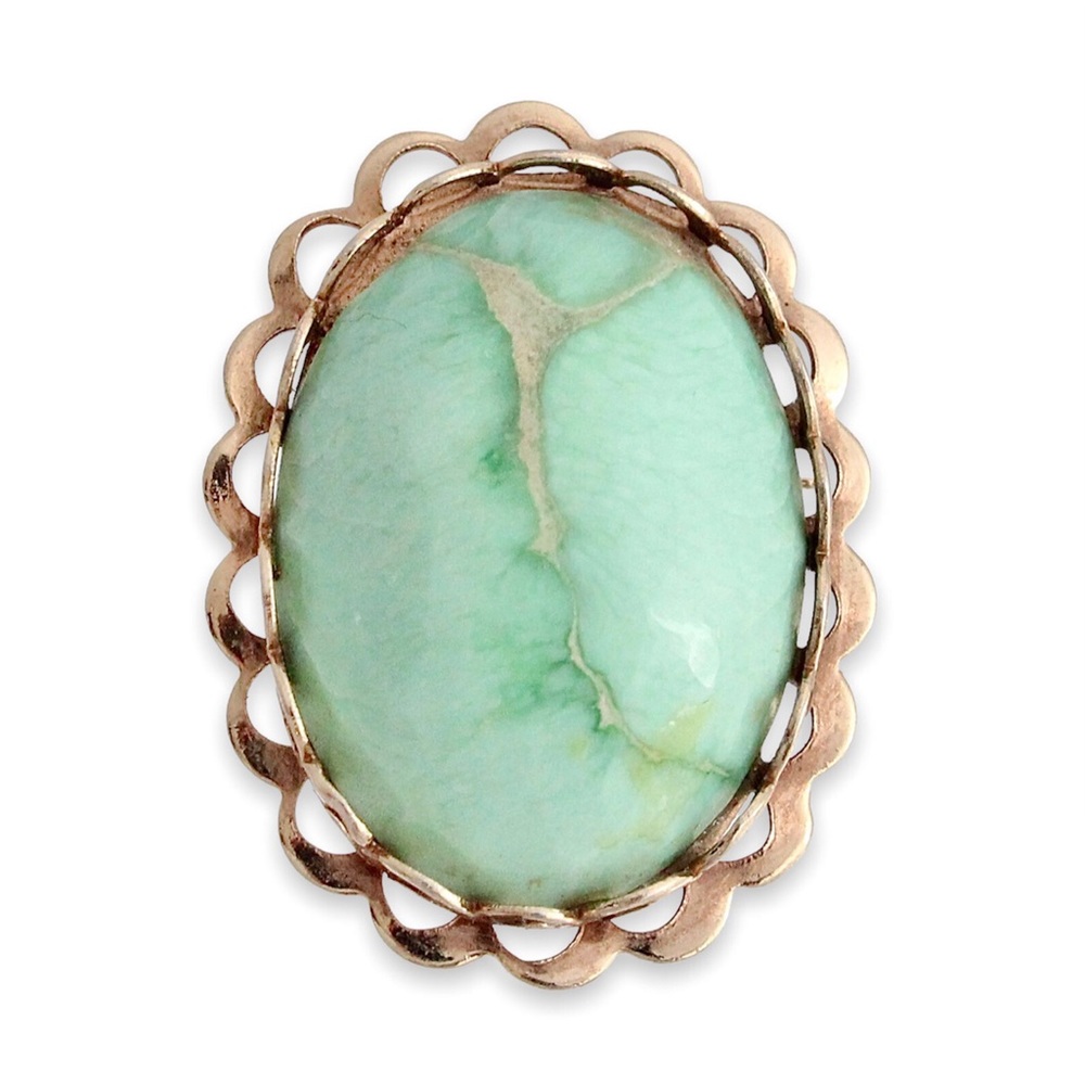 Vintage Faux Turquoise Brooch Gold Tone Scalloped Blue Green Oval Cabochon